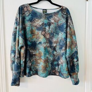 PURE XL artsy aqua & brown abstract print lantern sleeve boat neck top